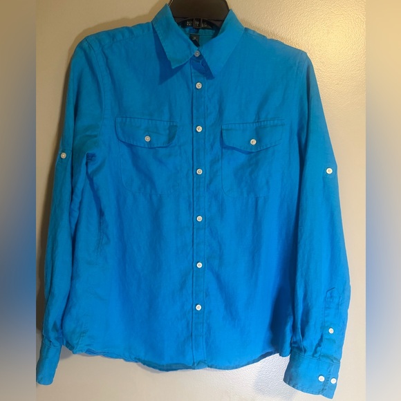 Lauren Ralph Lauren Tops - Lauren Ralph Lauren 100% linen women's long roll tab sleeve shirt Sz M